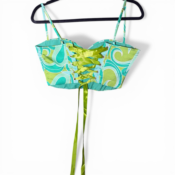 Green & Blue Patterned Corset Crop Top S - Picture 2 of 3
